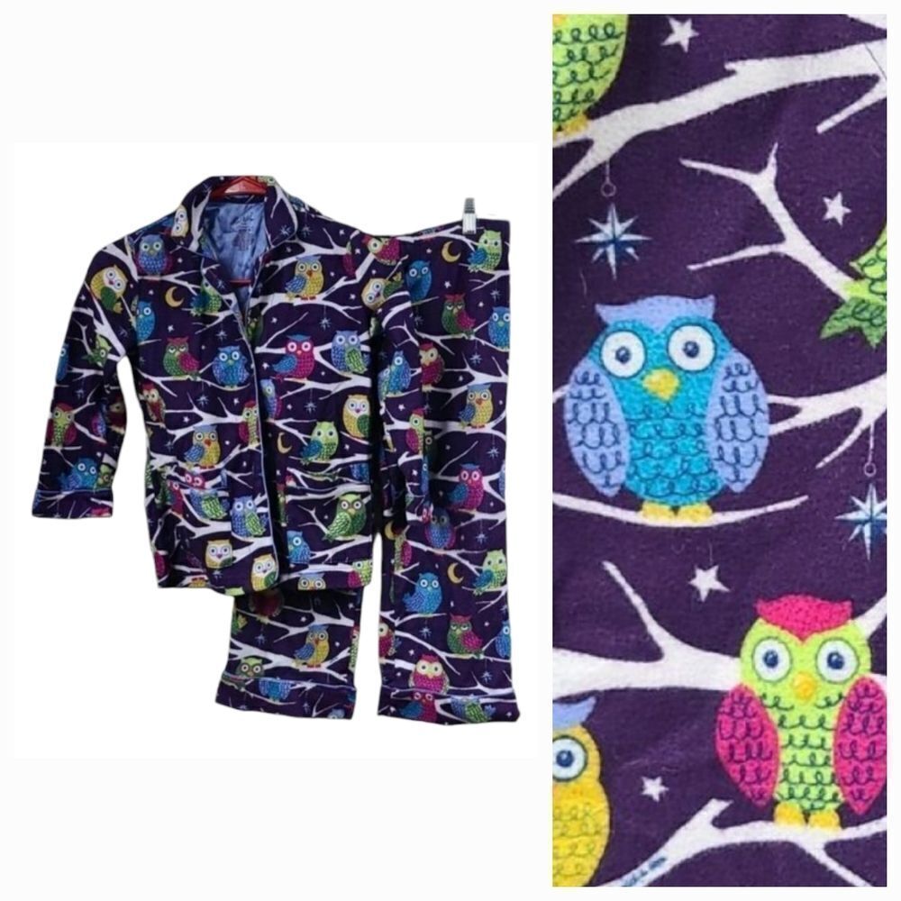 Nick & Nora Girls 6/6x Purple Owl Print Flannel PJ Pajama Set Colorful Sleepwear